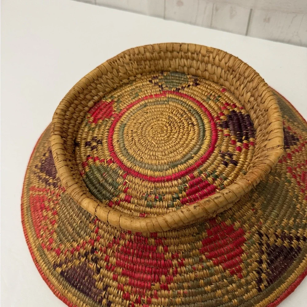 Vintage Coil Grass Basket with Pink  and Purple Southwestern Boho design